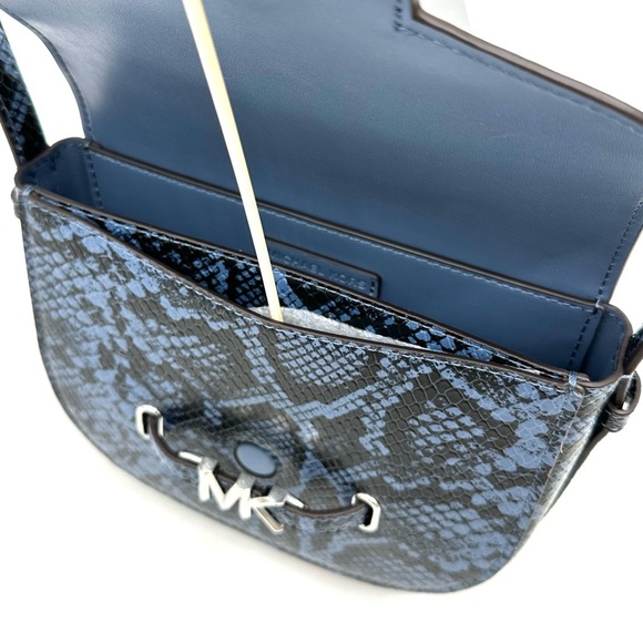 Michael Kors Small Reed Leather Saddle Crossbody Bag Snakeskin Denim - Picture 9 of 11